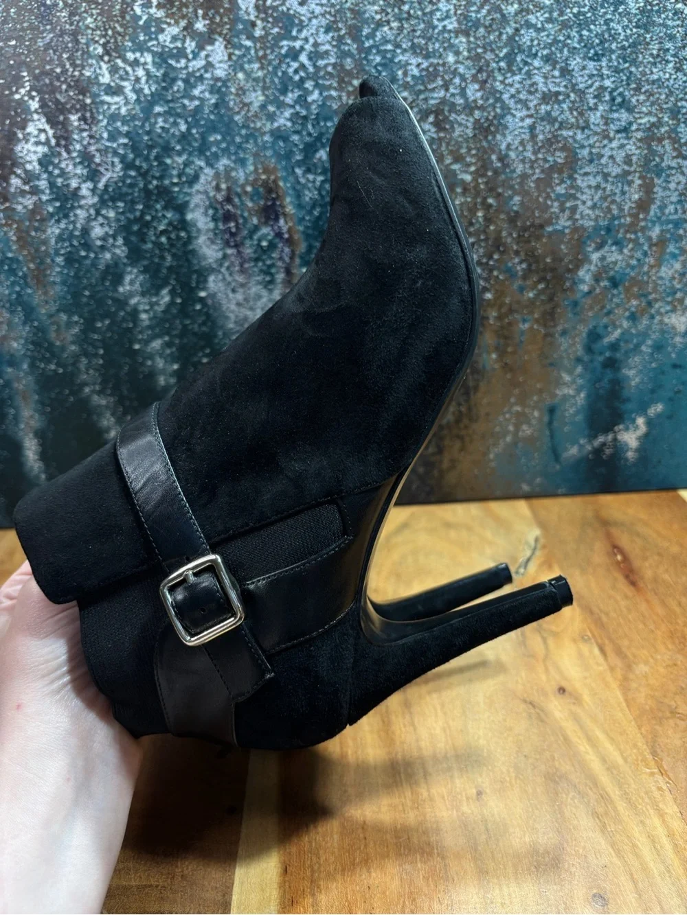 Marc Fisher Quiet Luxury Shimmee Black Suede Peep‎ Toe Booties 9M